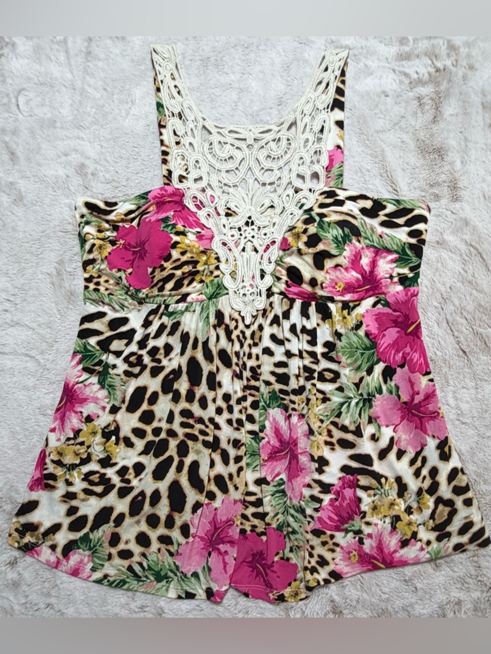 Boston Proper Leopard Print Tank with Pink Floral & Crochet Yoke 1X